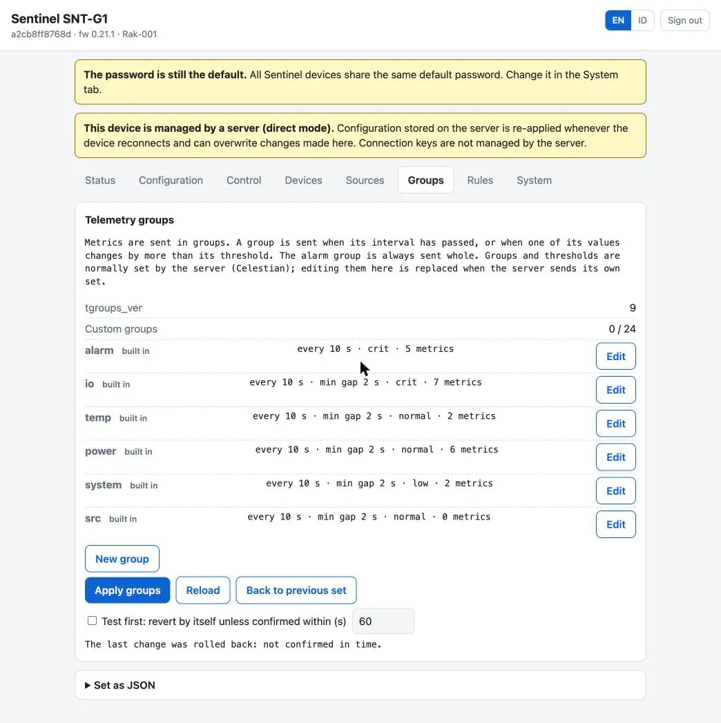 Groups tab of the web interface: the six built-in telemetry groups with Edit buttons.