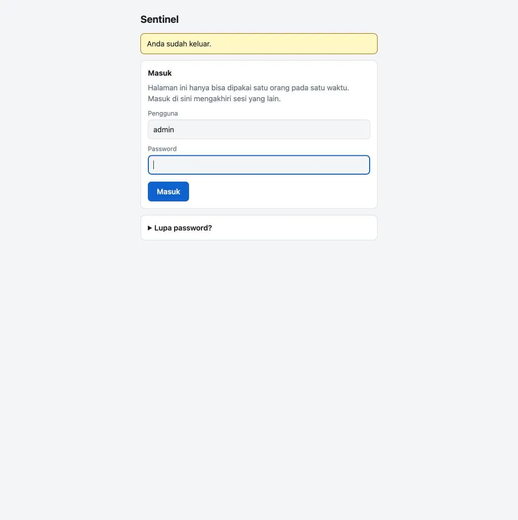 Layar masuk antarmuka web: kolom pengguna dan password.