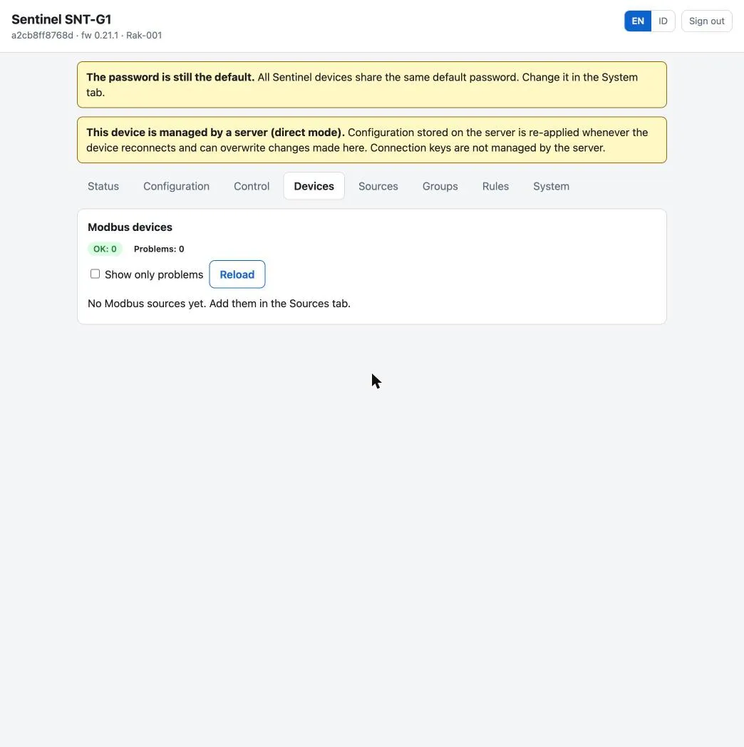 Devices tab of the web interface: Modbus device summary.