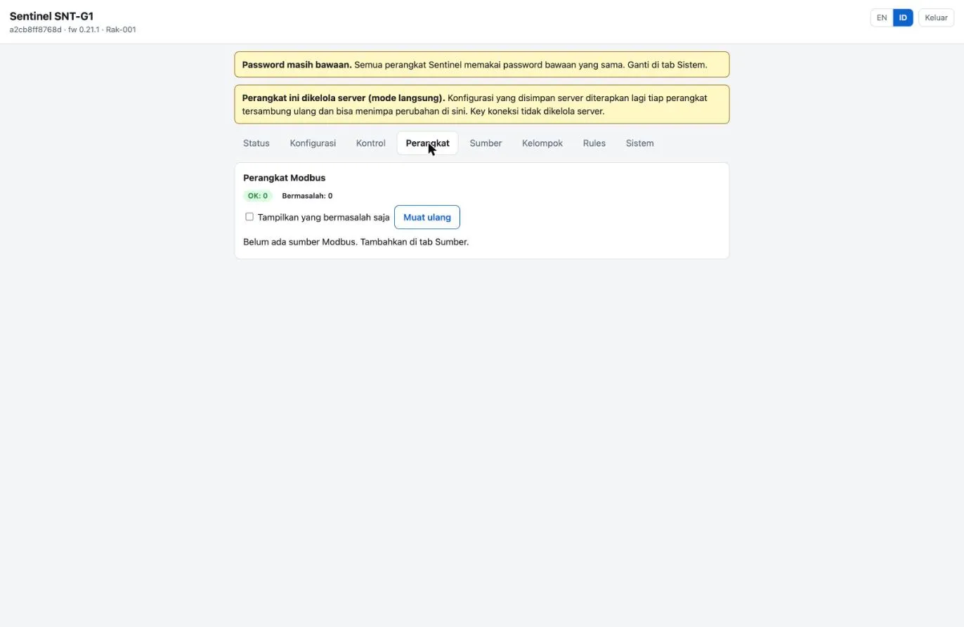 Tab Perangkat antarmuka web: ringkasan perangkat Modbus.