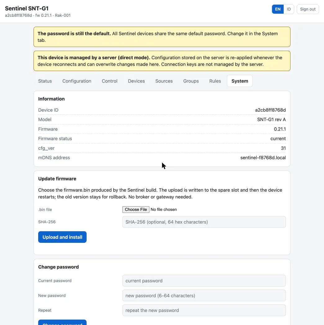 System tab of the web interface: device information, firmware update, and change password.