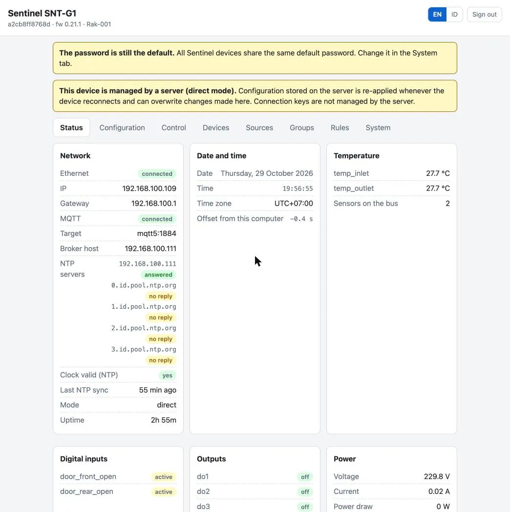 Status tab of the web interface: network, date and time, temperature, digital inputs, outputs, and power.