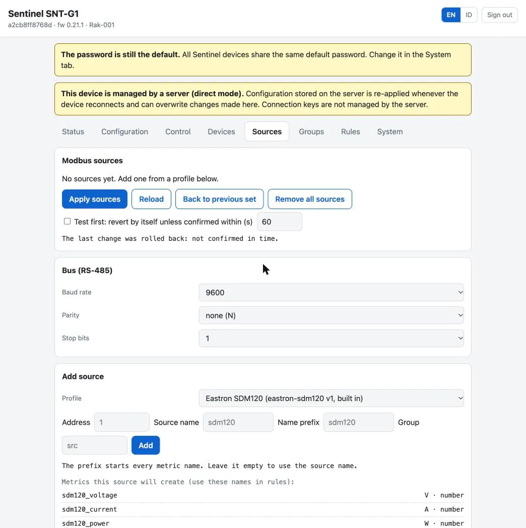 Sources tab of the web interface.
